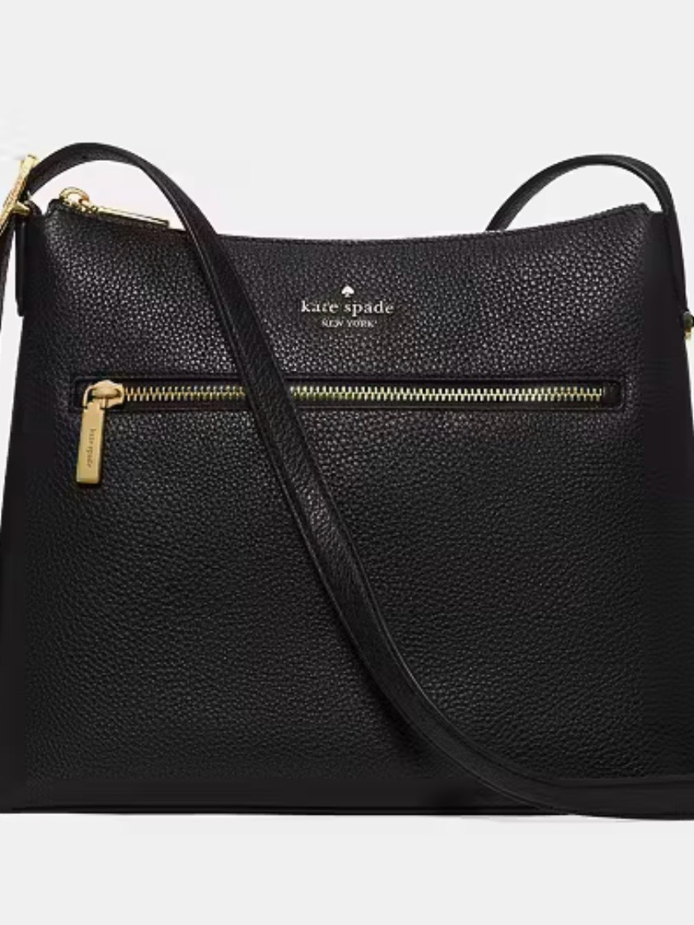 New Kate Spade Black Pebbled Leather Swing back Crossbody with front Zip Pocket